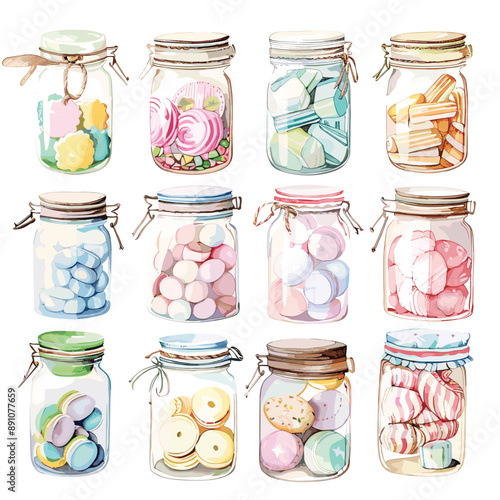 Set of 12 Watercolor Glass Jars with Various Sweet Treats
