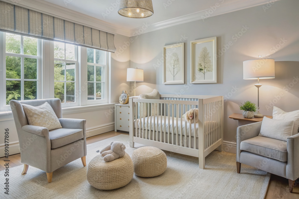 Serenely lit nursery renovation boasts a sleek new crib, plush toys, and soothing decor, surrounded by clean lines, creamy hues, and a sense of tranquil rejuvenation. Serenely lit nursery renovation boasts a sleek new crib, plush toys, and soothing decor, surrounded by clean lines, creamy hues, and a sense of tranquil rejuvenation.