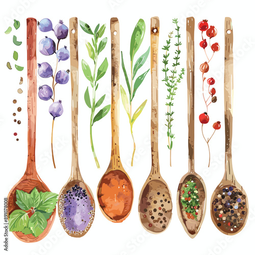 Wooden Spoons with Herbs and Spices Watercolor Illustration