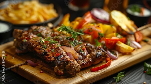 Kebab with fried potatoes onion and vegetables on a wooden board serving in a resaurant