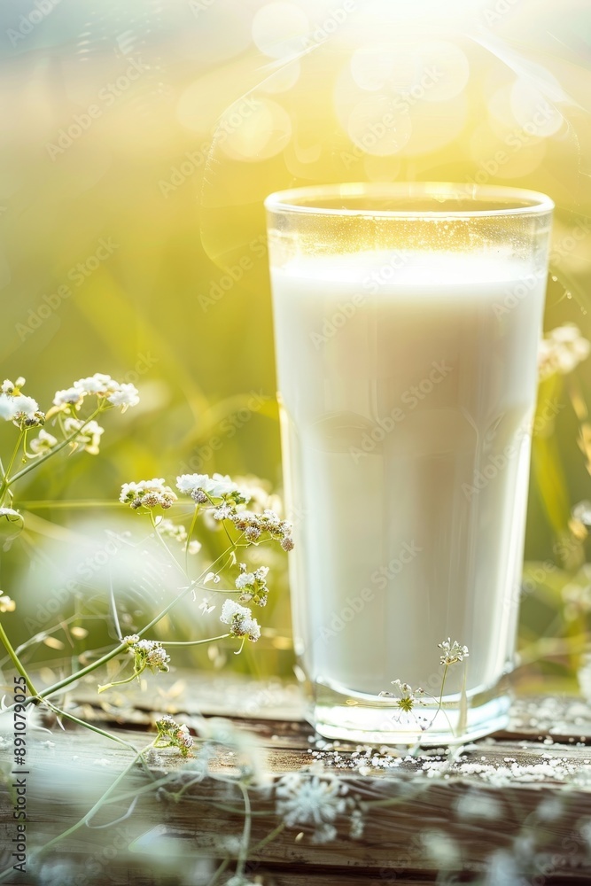 A glass of milk is on a windowsill next to some dried wheat. The scene is peaceful and calming, with the sunlight shining through the window and casting a warm glow on the milk and wheat A glass of milk is on a windowsill next to some dried wheat. The scene is peaceful and calming, with the sunlight shining through the window and casting a warm glow on the milk and wheat