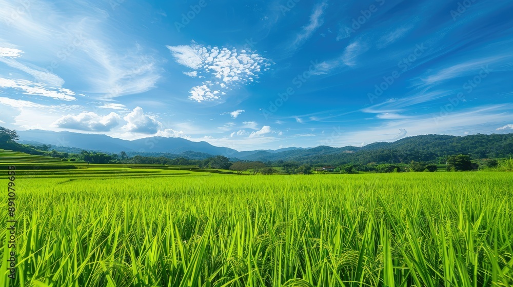 Obraz premium Vibrant green rice paddies with a clear blue sky and distant hills.