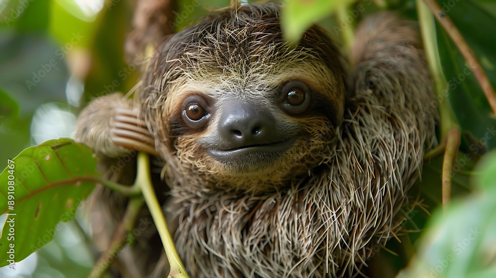 Sloth hanging from tree branch, showcasing its unique features and expression. Sloth hanging from tree branch, showcasing its unique features and expression.