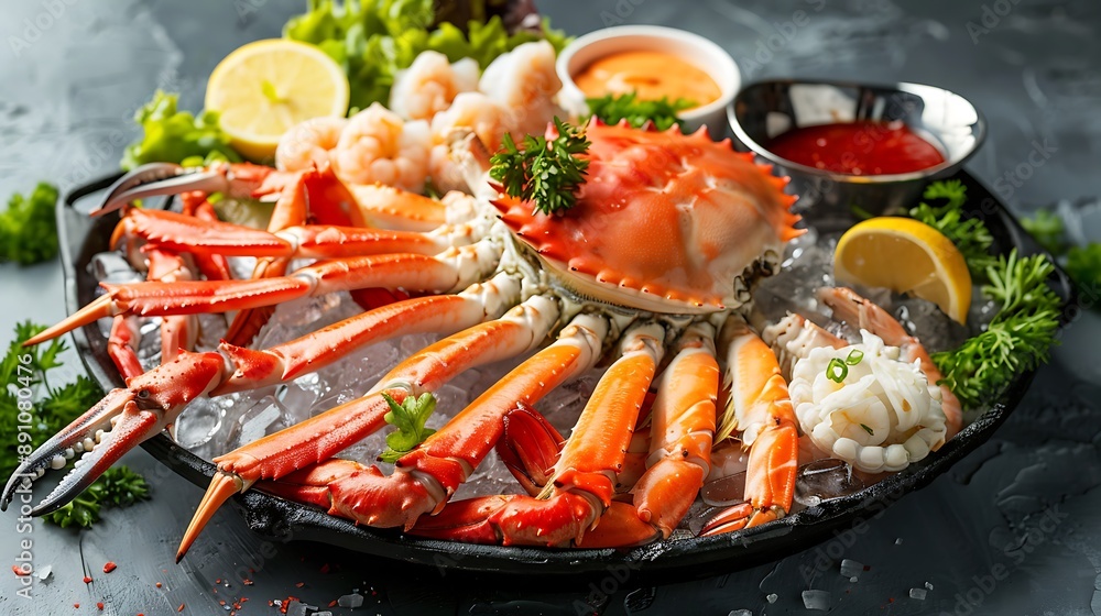 Luxurious seafood platter with crab legs shrimp lemon and dipping sauce on ice ideal for special occasions Luxurious seafood platter with crab legs shrimp lemon and dipping sauce on ice ideal for special occasions