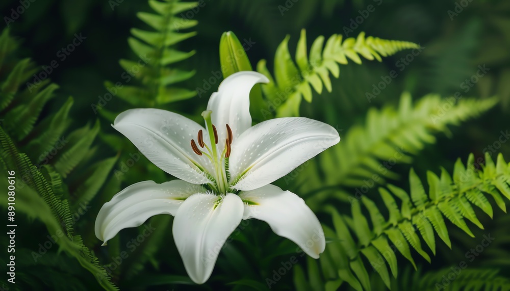 Fototapeta premium Delicate White Lily Flower Blooming Amidst Mossy Forest Foliage With Dappled Lighting