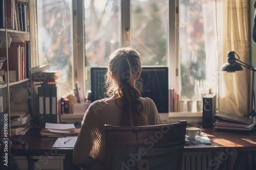 Stunning high resolution photos of a talented teenager working remotely from home in a modern company. Business