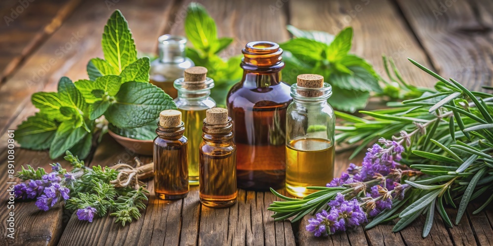 An arrangement of essential oil bottles surrounded by fresh plants, including lavender, peppermint, and rosemary, on a rustic wooden surface, evoking a sense of natural wellness. An arrangement of essential oil bottles surrounded by fresh plants, including lavender, peppermint, and rosemary, on a rustic wooden surface, evoking a sense of natural wellness.