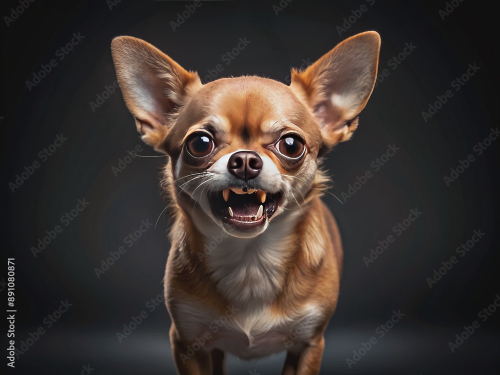 Fierce angry Chihuahua with open mouth and sharp visible teeth, eyes blazing with fury, stands alone on a dark isolated studio background. Fierce angry Chihuahua with open mouth and sharp visible teeth, eyes blazing with fury, stands alone on a dark isolated studio background.