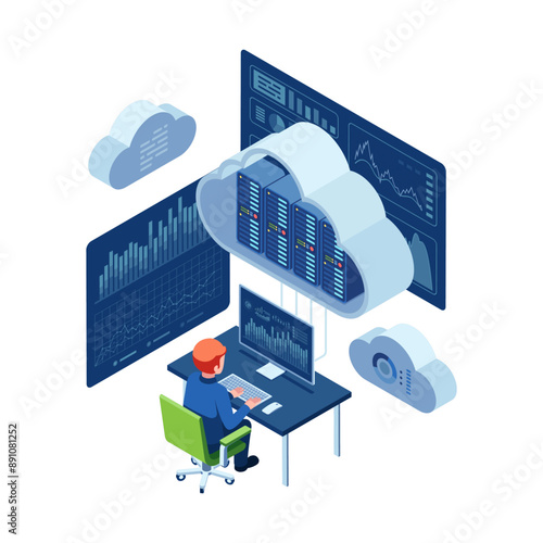 Isometric Data Analyst Monitoring Cloud Computing Data