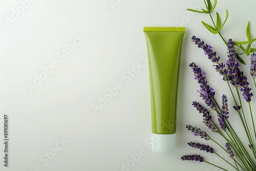 Illustration of green tube for cream and lavender, free space photo