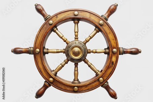 Classic ship steering wheel with brass accents and worn wooden handles isolated on transparent background, evoking a sense of vintage nautical adventure and exploration. photo