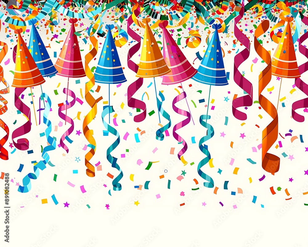 Fun birthday card with colorful streamers and party hats an open area for text at the top Fun birthday card with colorful streamers and party hats an open area for text at the top