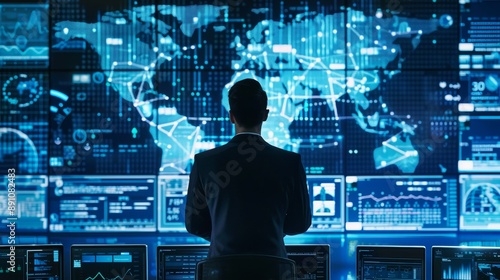 Man in Suit Facing Wall of Data, World Map, Blue Screen, Technology , Data Analysis , Cybersecurity , Network Security