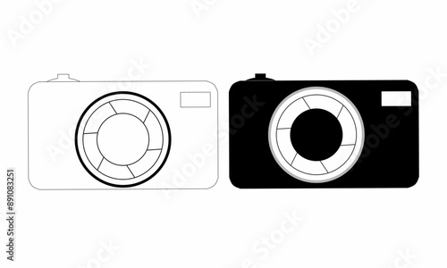 two black and white cameras. The lens is circular with a square button. white background