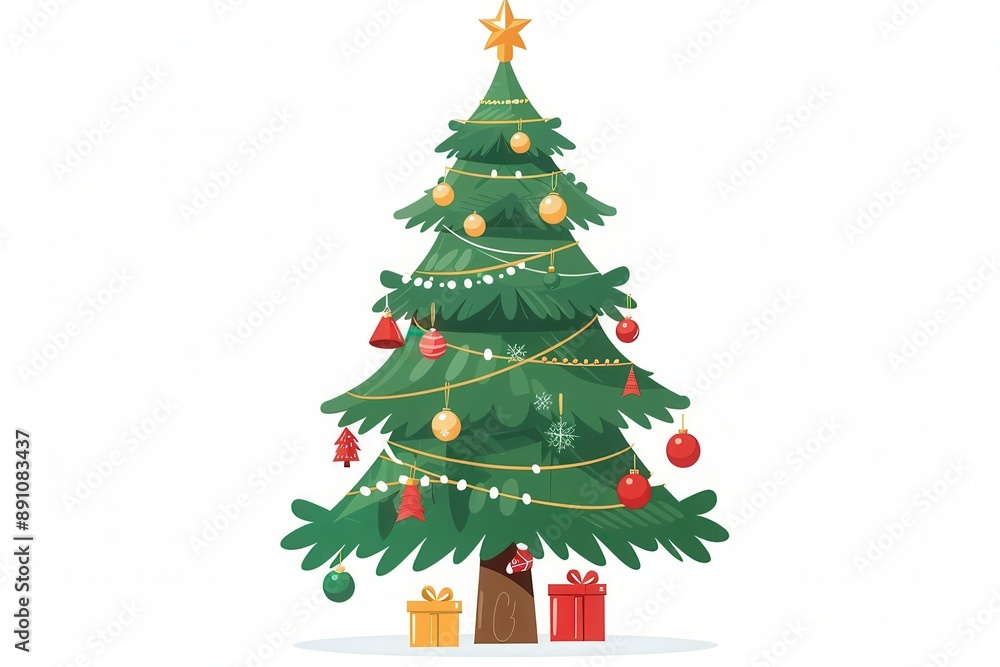 A Christmas tree clipart, festive tree, flat design, decorated with ornaments, isolated on white background A Christmas tree clipart, festive tree, flat design, decorated with ornaments, isolated on white background