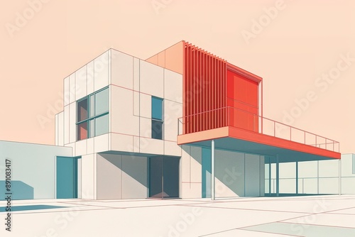 Modern Urban Architecture: Minimalist Line Art in Complementary Colors © Rattana