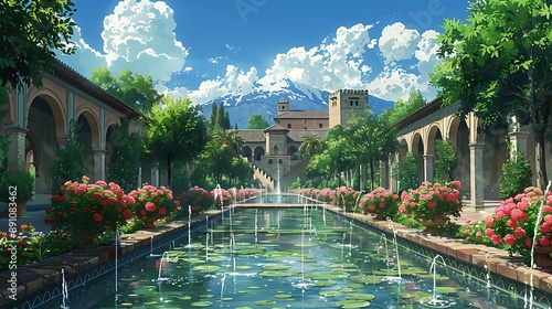 A serene anime scene of the Alhambra with a tranquil pond in the foreground, fountains gently flowing, lush green gardens, soft and natural colors, detailed environment, peaceful and harmonious,