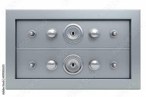 A safe deposit box clipart, security element, 3D illustration, grey and gold, isolated on white background