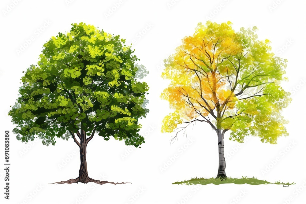 A deciduous tree clipart, seasonal tree, vector illustration, green and yellow, isolated on white background A deciduous tree clipart, seasonal tree, vector illustration, green and yellow, isolated on white background