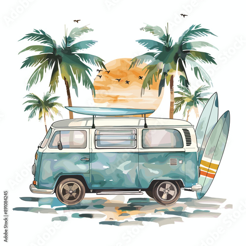 Vintage Camper Van with Surfboards at the Beach