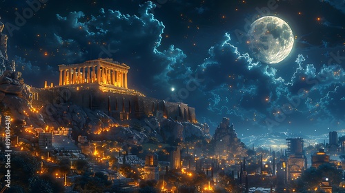 An anime depiction of the Acropolis of Athens at night, starry sky with a full moon, the ruins bathed in moonlight, glowing lanterns lighting the pathways, mystical and enchanting ambiance,