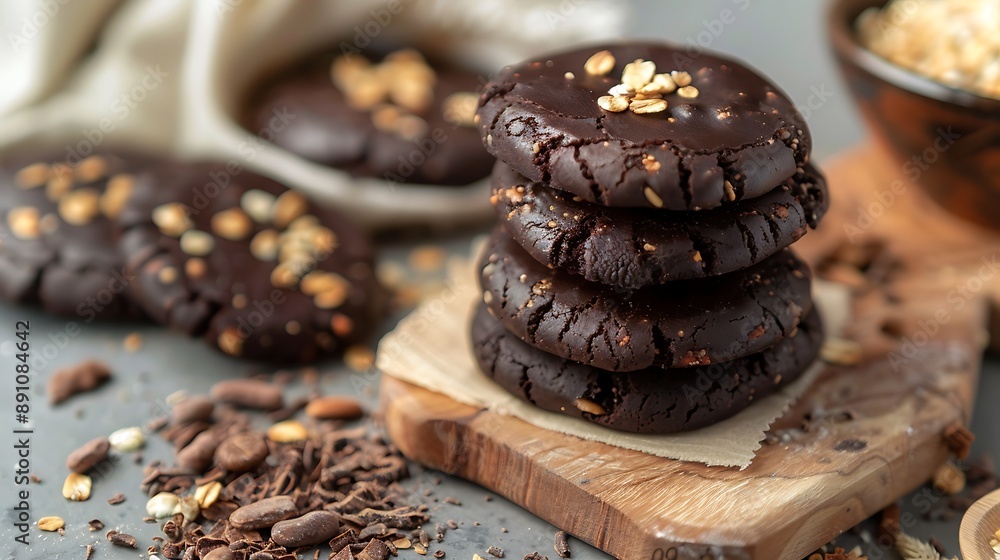 Nutritious and extremely healthy organic cookies made with black chocolate with cereals and decorated for first taste Nutritious and extremely healthy organic cookies made with black chocolate with cereals and decorated for first taste
