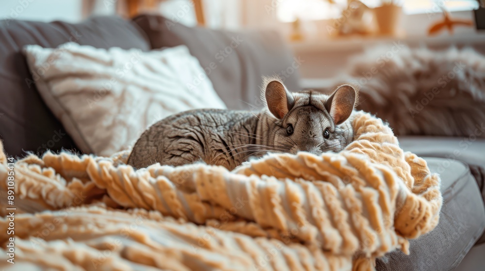 Obraz premium Chinchilla wrapped in a cozy blanket. Warm and cute.