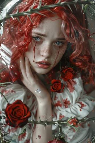 Wallpaper Mural A close up of a woman with red hair and roses in her eyes. AI. Torontodigital.ca