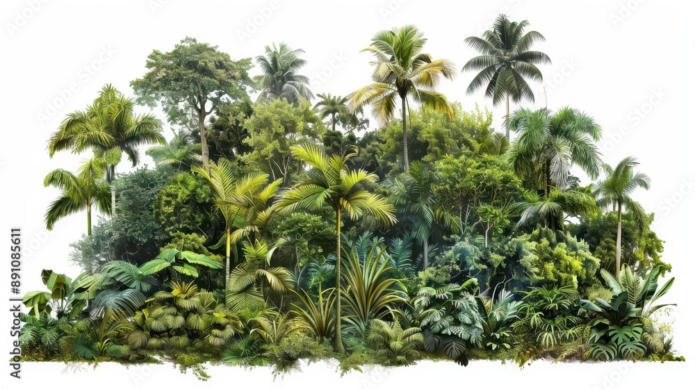 Lush tropical rainforest with diverse greenery and palm trees, vibrant jungle foliage, and dense vegetation on a white background. Lush tropical rainforest with diverse greenery and palm trees, vibrant jungle foliage, and dense vegetation on a white background.