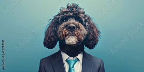 Whimsical Business Concept: Portuguese Water Dog in Formal Suit Working at Office. Creative Animal Portrait for Corporate Humor, Birthday Celebrations, and Marketing Campaigns. Playful Canine Entrepre photo