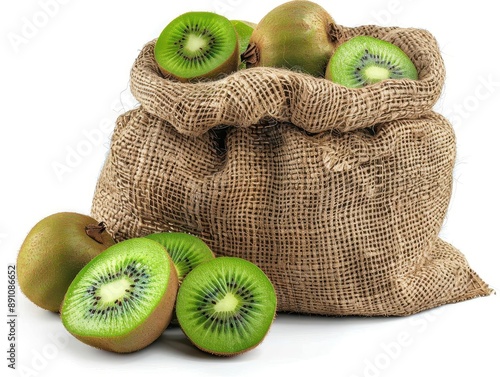 Fresh kiwifruits spilling out of a rustic burlap sack, showcasing their vibrant green flesh and unique texture. photo