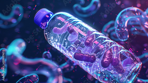 Clear Crystal Bottle with Prebiotics Hologram for Digestive Health, Mock-up Showing Smooth Digestion and Nourished Gut Bacteria in a Translucent Bag photo