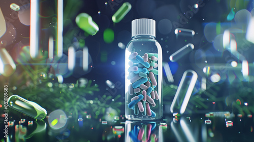 Prebiotics in a Crystal Bottle with Hologram for Aiding Digestive Health, Mock-up Illustrating Gut Bacteria Nourishment and Smooth Digestion in a Translucent Bag photo