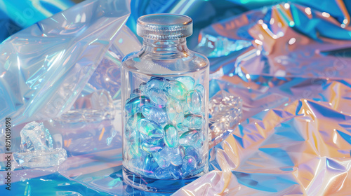 Hologram of Prebiotics for Digestive Health in a Clear Crystal Bottle and Translucent Plastic Bag, Nourishing Gut Bacteria and Supporting Smooth Digestion photo