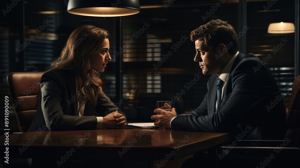Photograph of a businessman and businesswoman having a serious discussion in an office, both checking their watches Photograph of a businessman and businesswoman having a serious discussion in an office, both checking their watches