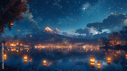 Nighttime anime depiction of Mount Fuji, starry sky with a full moon, serene lake reflecting the mountain, glowing lanterns floating in the foreground, mystical and peaceful ambiance, high contrast,