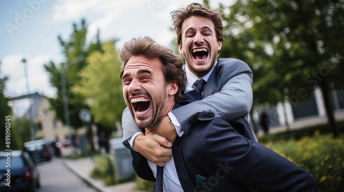 Photograph of a businessman giving a piggyback ride to his boss at a company retreat, both of them laughing hysterically