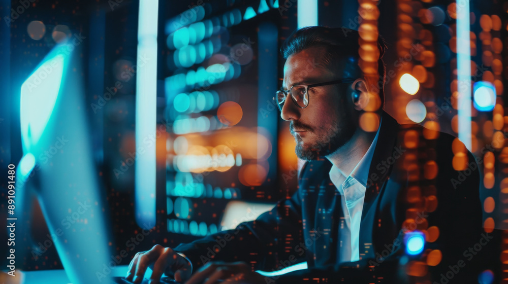 A man is working on a computer in a dark room A man is working on a computer in a dark room