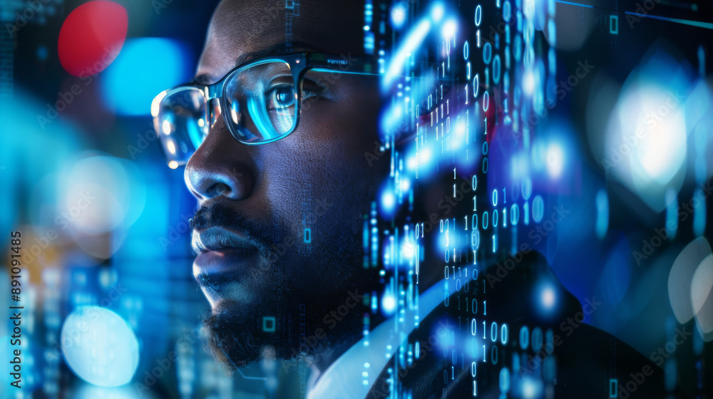 A man wearing glasses is looking at a computer screen with a blue background A man wearing glasses is looking at a computer screen with a blue background