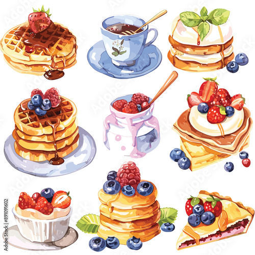 Watercolor illustration of breakfast pastries, waffles, pancakes, and berries