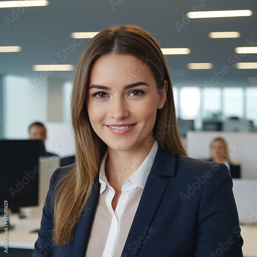 Smiling pretty young professional business woman corporate manager, female employee at workplace in modern office looking at camera.