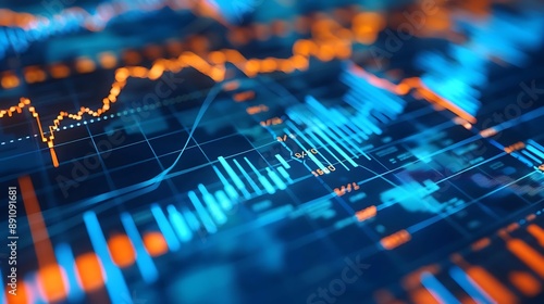 A cinematic portrayal of stock market analytics, with a focus on vibrant blue and orange colors enhancing financial charts. © NOH