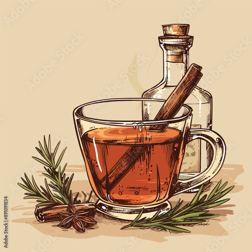 Hand-drawn illustration of hot spiced cider with cinnamon, rosemary and star anise