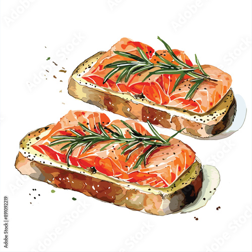 Two slices of smoked salmon on toast with rosemary and peppercorns