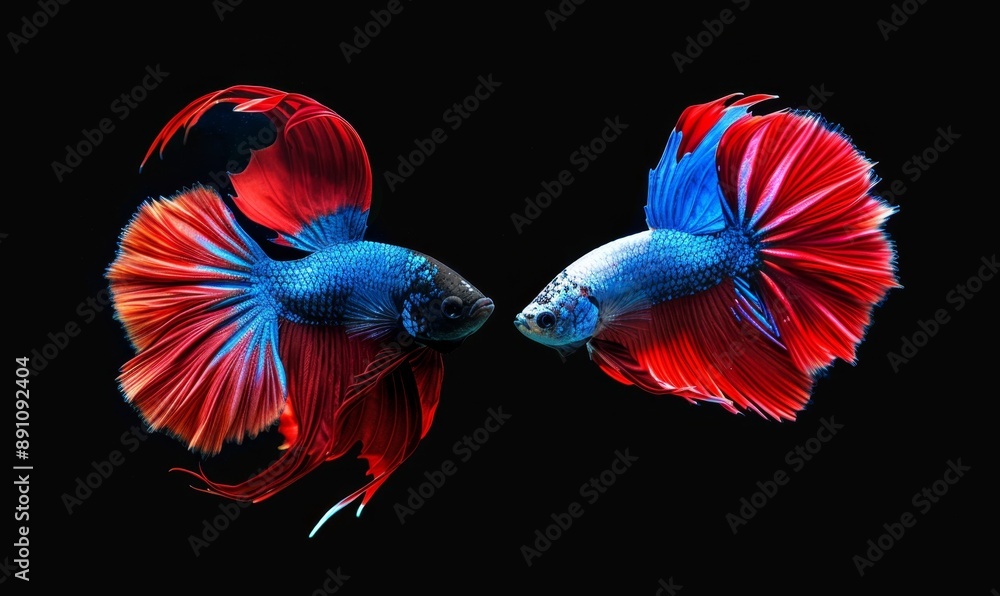Obraz premium Captivating Siamese Fighting Fish in Motion: Vibrant Red and Blue Betta Isolated on Black Background. Elegant Aquatic Art Showcasing the Graceful Movement and Striking Colors of Betta Fish. Stunning 4