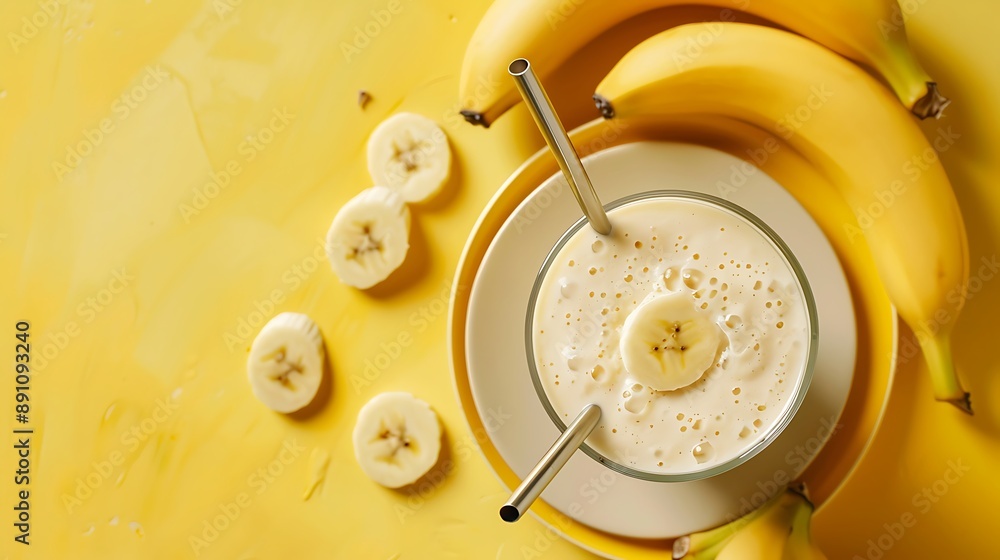 Protein energy smoothie or milkshake made of ripe sweet banana fruit blended and mixed with milk served in drinking glass with zero waste metal straw on plate on yellow wooden table Protein energy smoothie or milkshake made of ripe sweet banana fruit blended and mixed with milk served in drinking glass with zero waste metal straw on plate on yellow wooden table