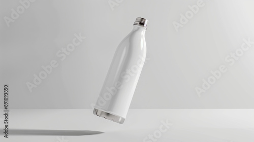 Isolated White Thermal Bottle Floating Diagonally in Air, Clean White Background, Contemporary Style photo