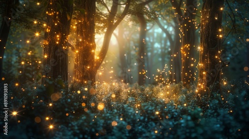 Sparkling lights illuminate the magical forest at night.
