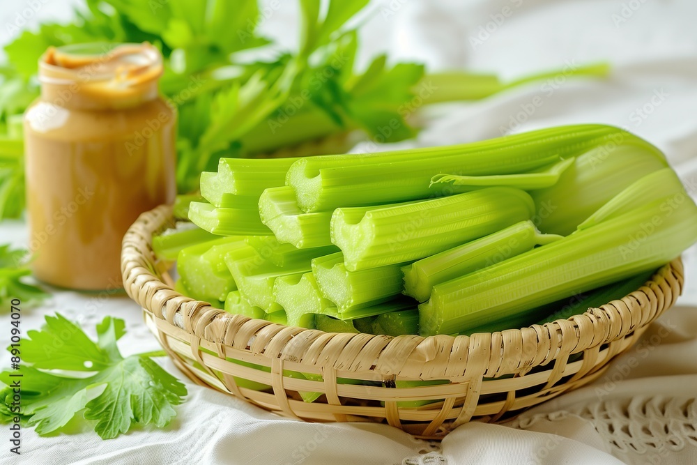 Professional Photo of Whole Celery Sticks in Wicker Basket. Green Leaves and Natural Light on White Tablecloth Professional Photo of Whole Celery Sticks in Wicker Basket. Green Leaves and Natural Light on White Tablecloth