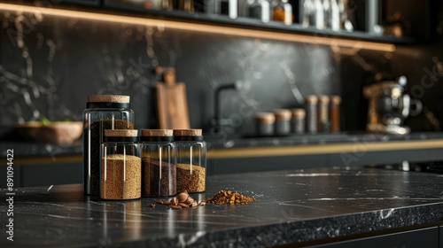 Spice Jars on a Black Marble Countertop